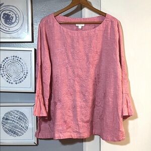 Charter Club Women’s Pink Linen Embroidered 3/4 Length Bell Sleeve Top Size XXL